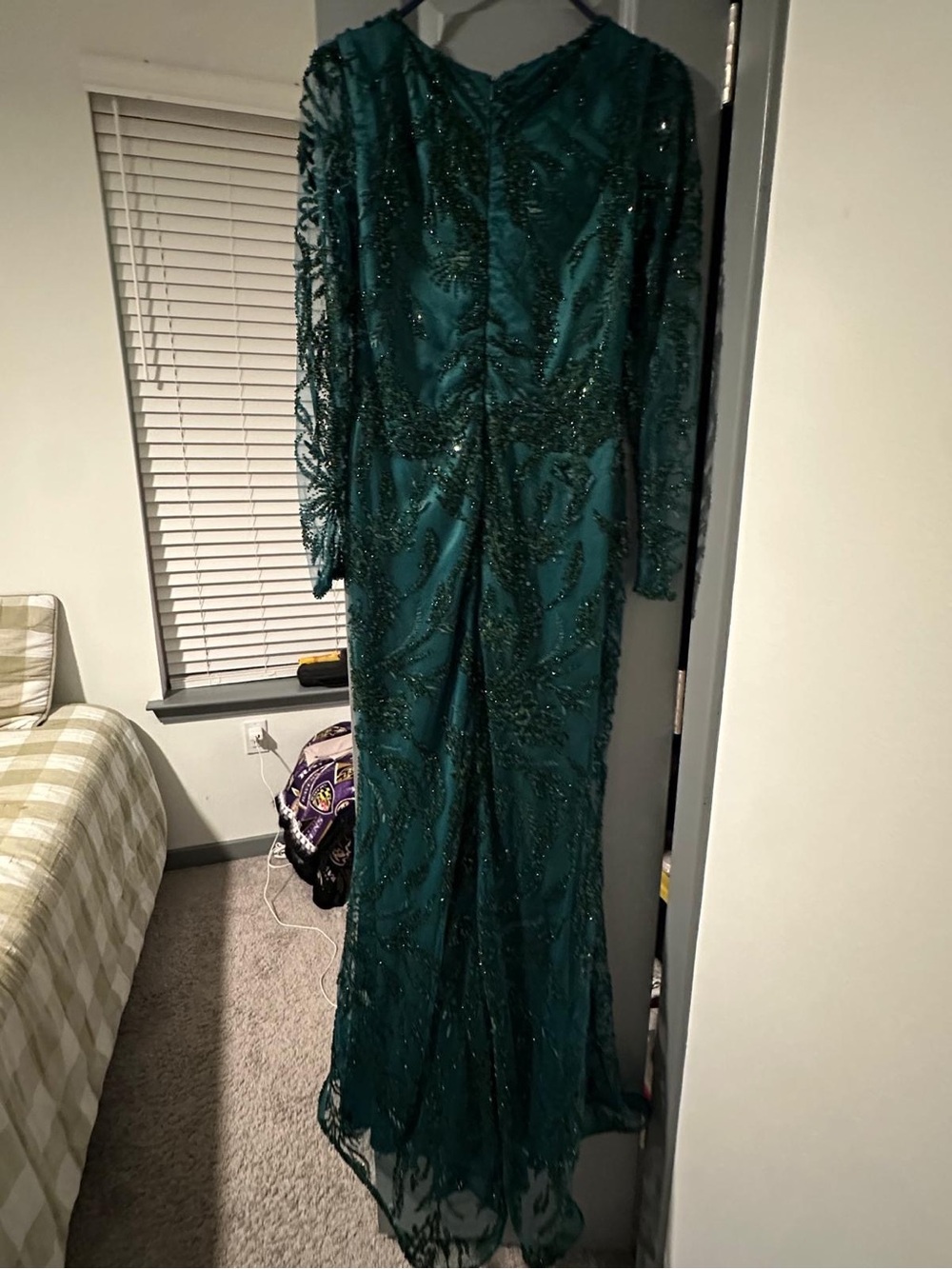 Emerald Green Beaded Long Sleeve Evening Gown